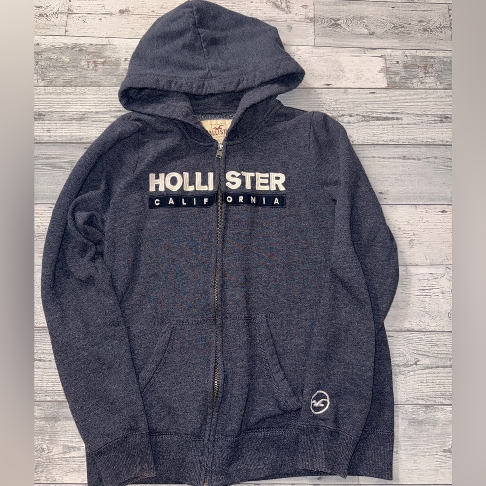 Hollister Navy Full-Zip Hooded Sweatshirt with White Logo